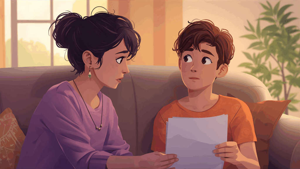 This image illustrates the conversation of a Mom and her son after the exam results are out. 