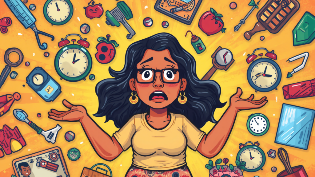 Overwhelmed working mom managing career, kids, and household responsibilities while feeling overloaded and stressed